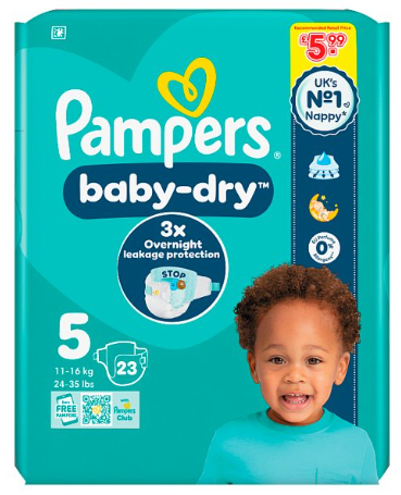 Pampers Baby-Dry Nappies Size 5 – 23 × 4 Packs (92 Nappies)